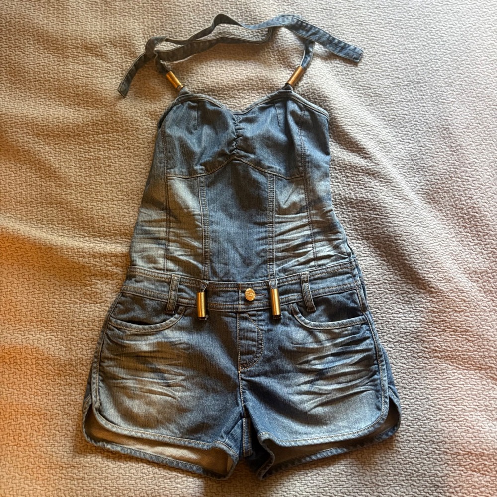 Derion Denim Halter Romper Medium Wash Gold Embroidered Y2K McBling Small